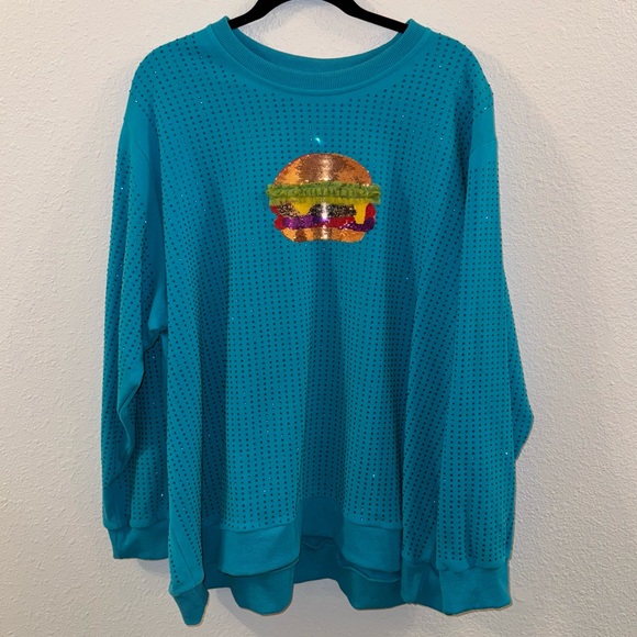 QUEEN OF SPARKLES Tops - Teal Burger Icon Sweatshirt by Queen of Sparkles.